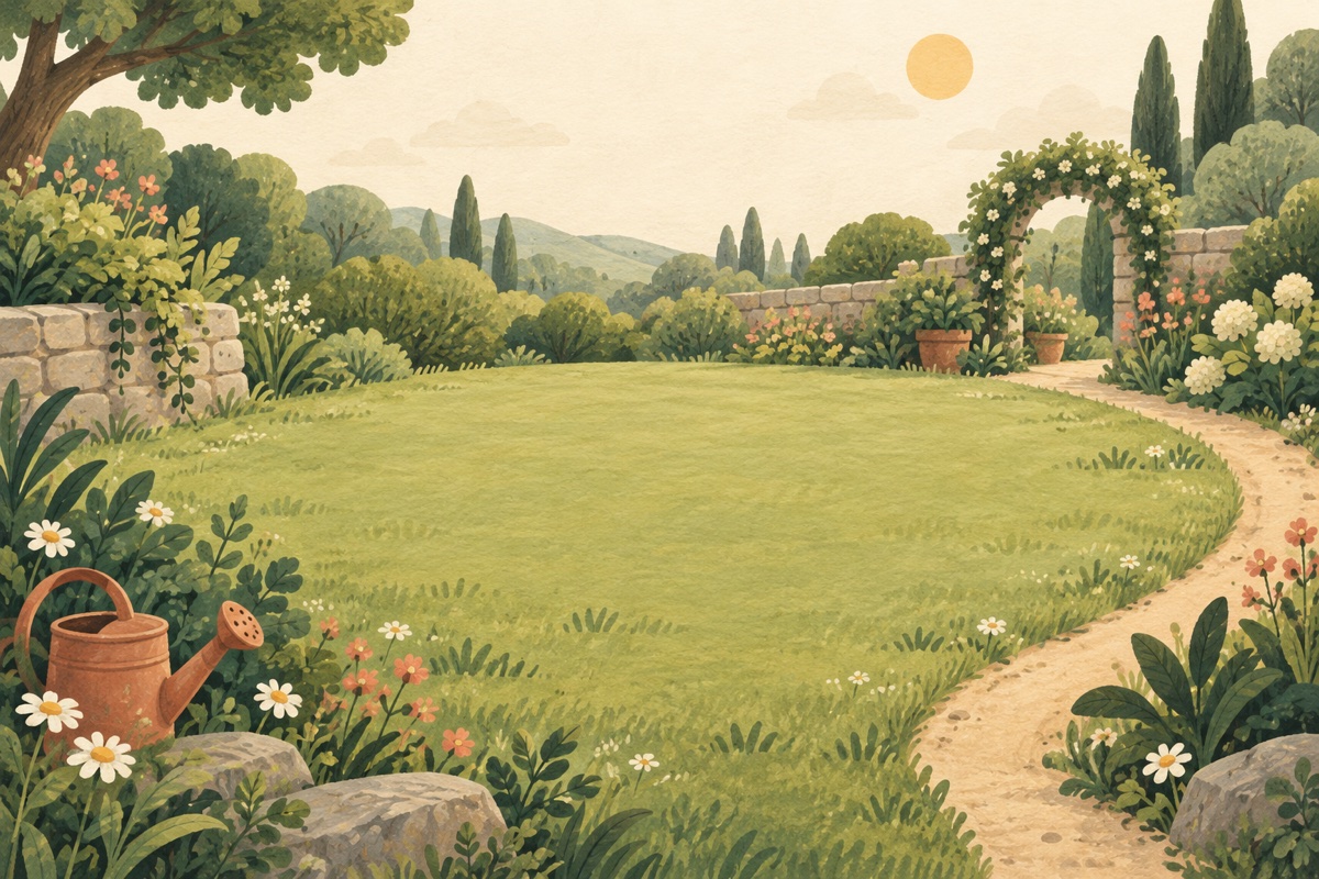 A softly painted garden with flowers, trees, and space to explore