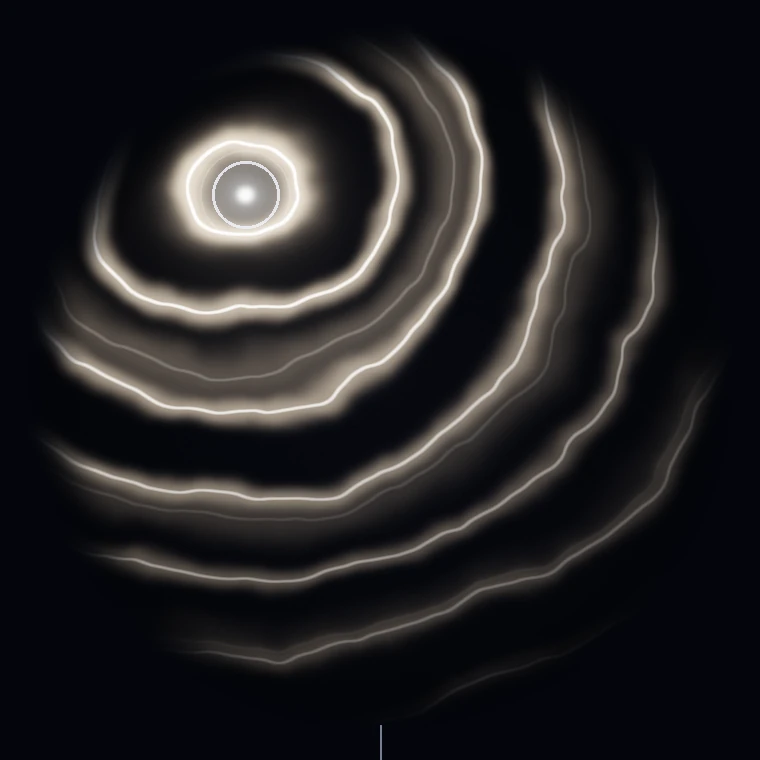 The dial from the app: wave fronts spreading out from the dot, warm and wide on one side, fine and cool on the other.