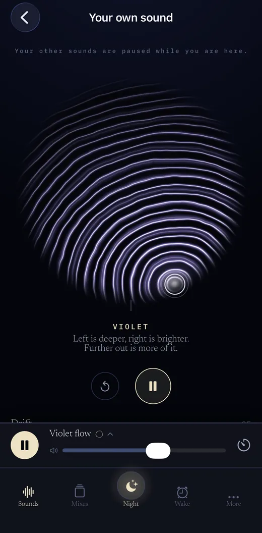 Your own sound: a dot on a ringed dial, set to a violet noise.