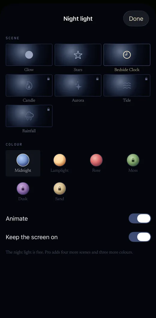 The night light settings: seven scenes and six colours.